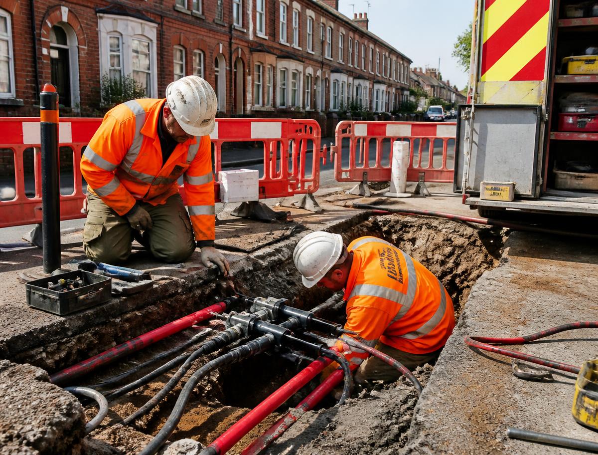 Utility engineers jointing underground power cables in a UK street excavation